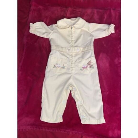 Vtg Yellow Bunny Rabbit Embroidered Coveralls Jumpsuit One Piece  Sz12-18 Months - Picture 6 of 12